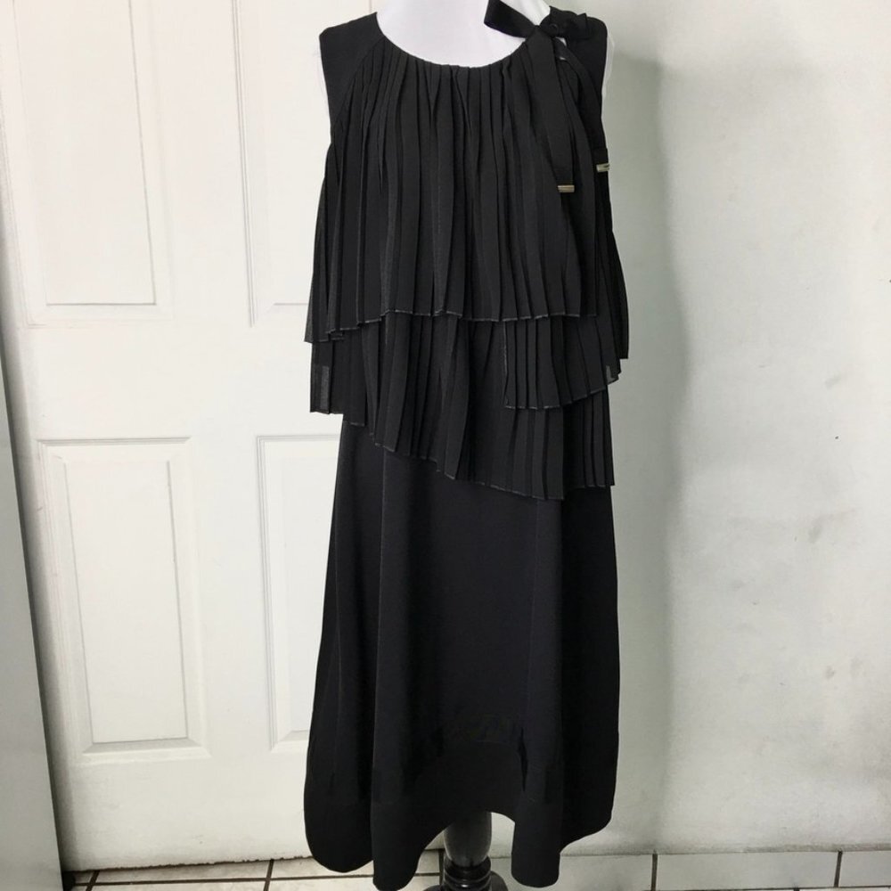 Atos Lombardini Black Pleated Bib Shift Dress Size Medium Workwear Cocktail